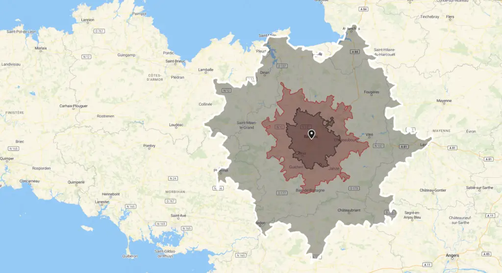 Carte de la zone d’intervention MyClean pour le nettoyage intérieur de voiture et de textiles à domicile à Rennes et alentours